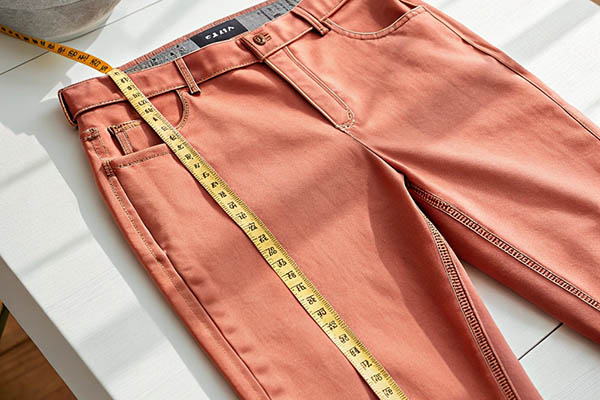 Coral pants with measuring tape along the seam.