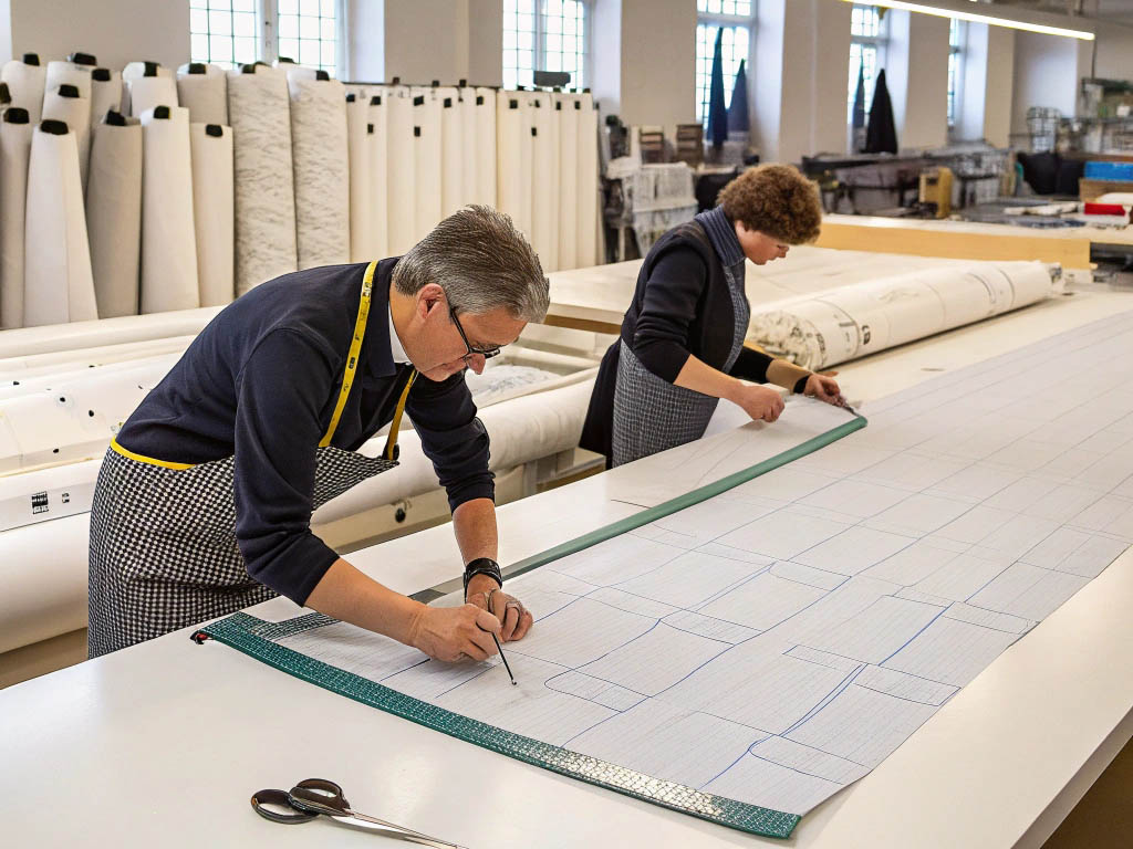 Two textile workers marking and cutting fabric patterns on a large table in a factory.