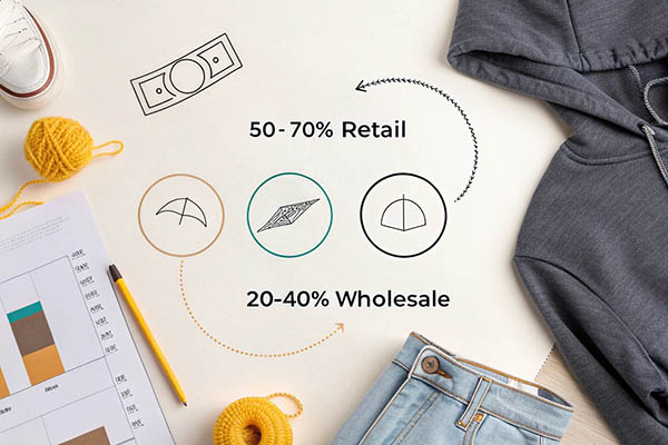 Gray hoodie with diagram showing 50–70% retail, 20–40% wholesale, and yarn and charts nearby.