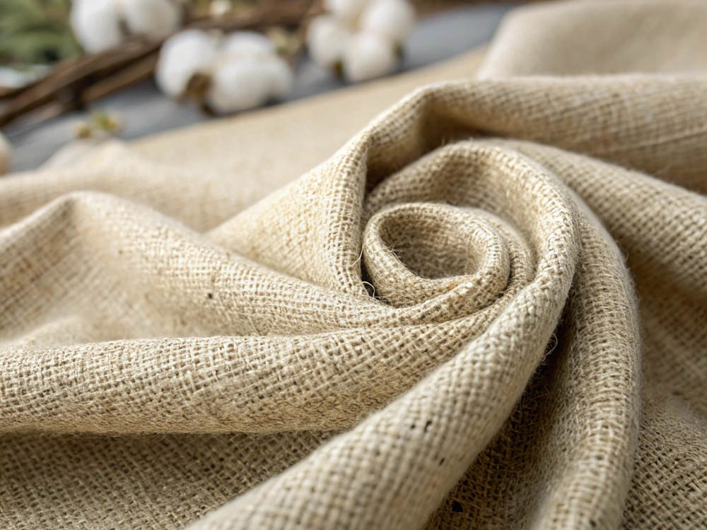Close-up of beige burlap fabric rolled in a spiral with cotton branches in the background.