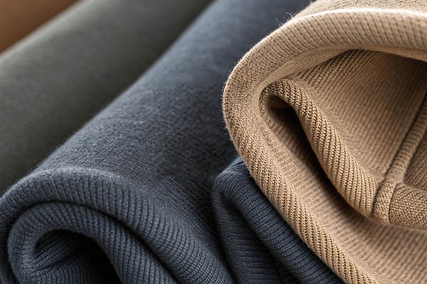 Three rolled knit fabrics in beige, navy, and olive green, showing detailed texture and soft material.