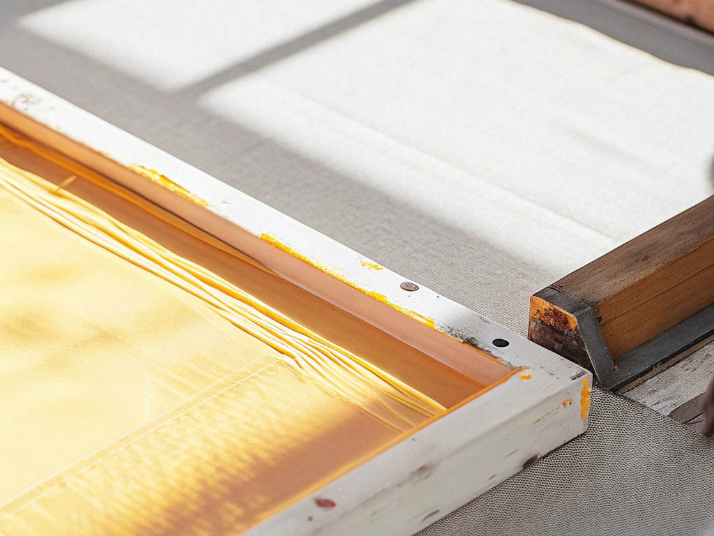 Yellow screen printing frame and squeegee in natural light.