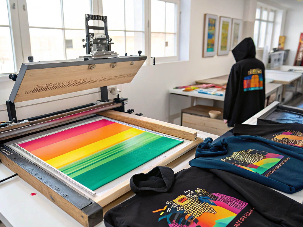 Colorful hoodies and screen printing equipment in a workshop.