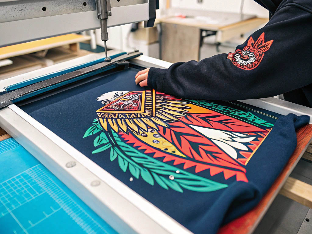 A worker prints a colorful tribal-style design on a navy blue hoodie using a screen printing machine.