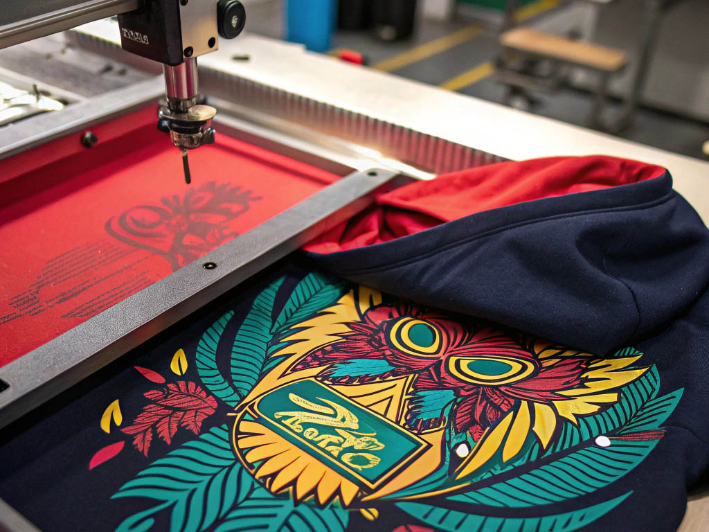 A screen printing machine applying a colorful owl design to a navy blue hoodie.