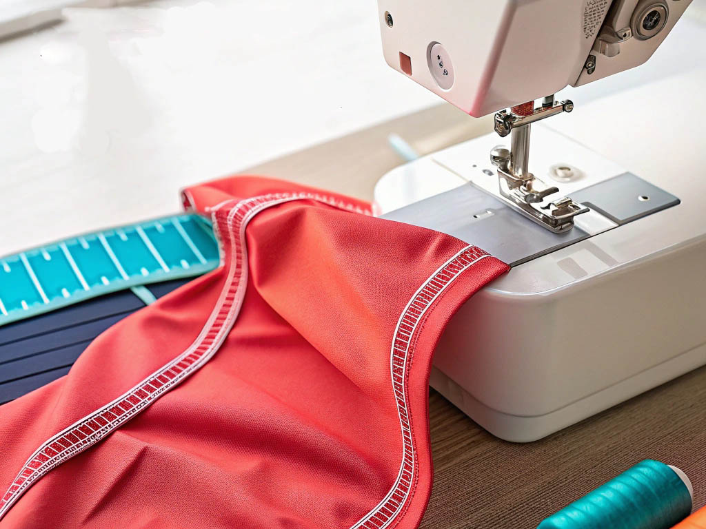 Sewing machine stitching red athletic fabric with white seams.