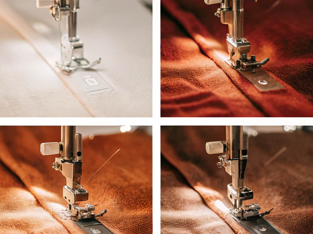 A collage of close-up shots showing a sewing machine stitching fabric in different colors and lighting conditions.