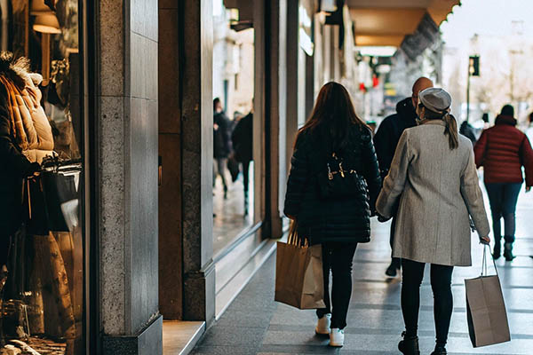 Women carrying shopping bags walking by store windows.