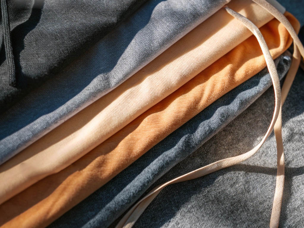 Stacked fabrics in gray, beige, and orange tones with a thin drawstring in sunlight.
