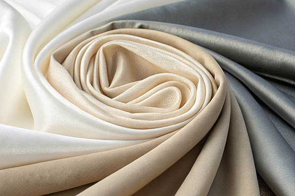 Beige and gray silky fabrics swirled together, showcasing smooth texture and elegant sheen.