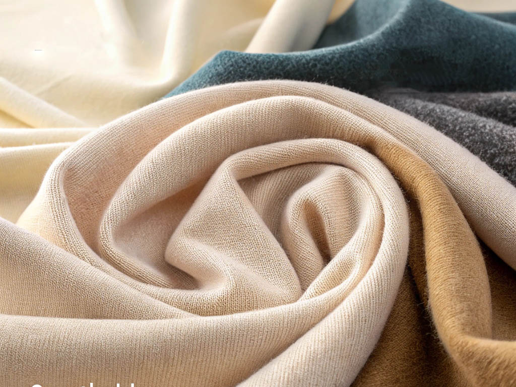 A swirl of soft fabrics in beige, gold, gray, and green, highlighting their smooth texture.