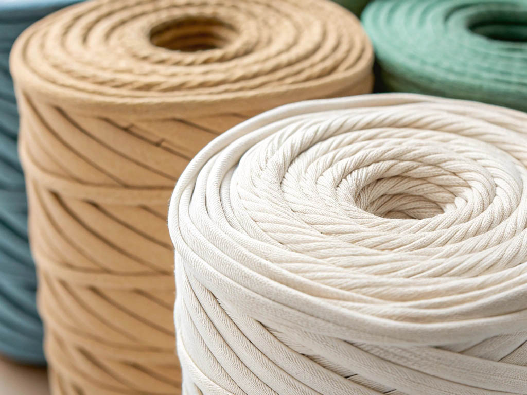 Close-up of neatly wound fabric cord rolls in cream, beige, and green, arranged in a stack.