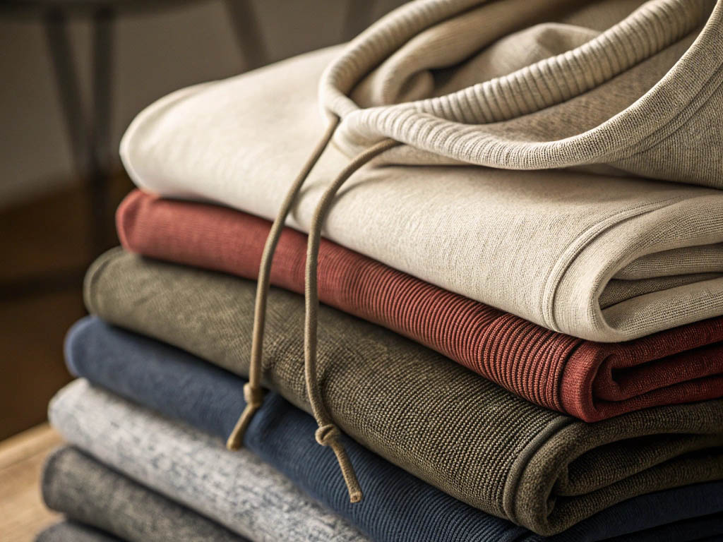A neatly folded stack of hoodies in earthy and neutral colors, including beige, olive, rust, and navy.