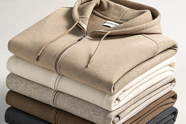 Folded zip-up hoodies in beige, cream, and earthy tones stacked neatly.