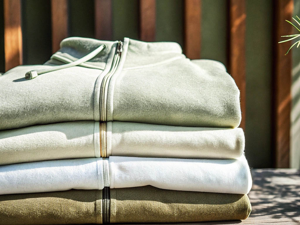 Neatly folded zip-up hoodies in green and white shades stacked outdoors.