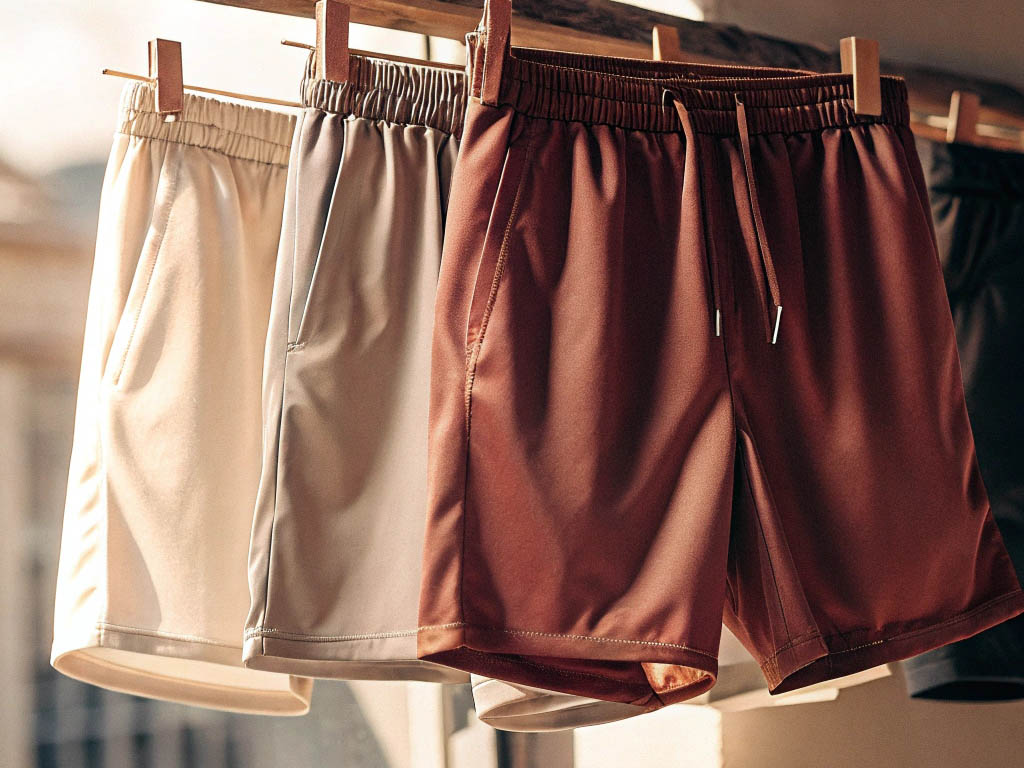 Beige and brown athletic shorts hanging on wooden clips.