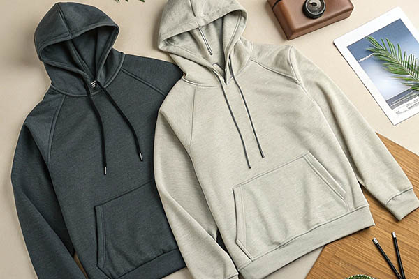 Two hoodies in dark green and beige with drawstrings, laid on a wooden surface with accessories.