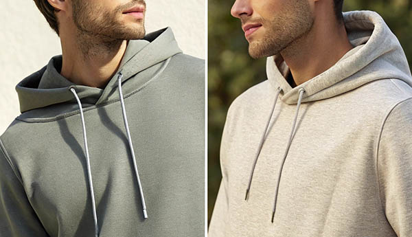 Two close-up shots of men wearing olive green and beige hoodies with adjustable drawstrings.