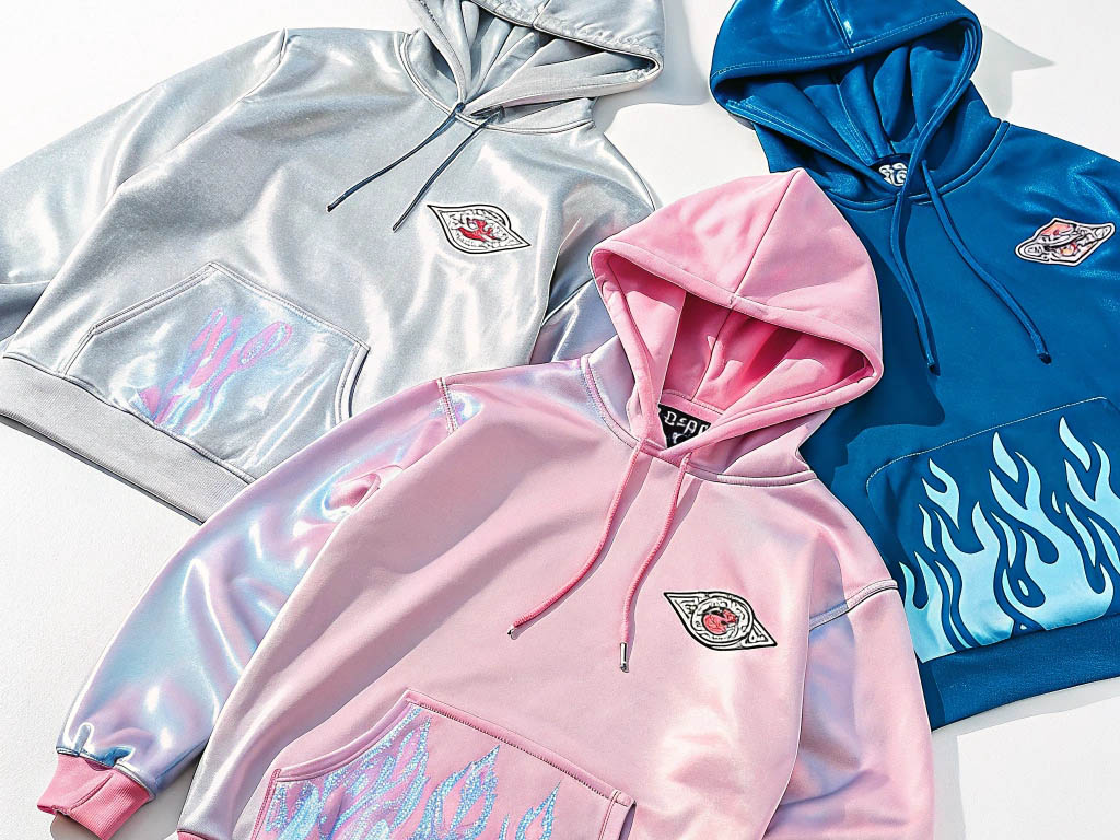 Three hoodies in metallic silver, pink, and blue with flame designs and eye patches.