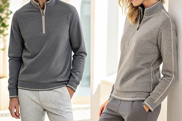 Two models wearing elegant gray quarter-zip pullovers with contrast stitching details.