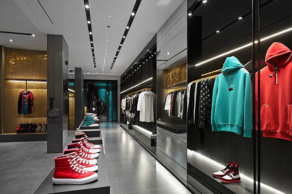 Modern store with trendy sneakers and hoodies on display.