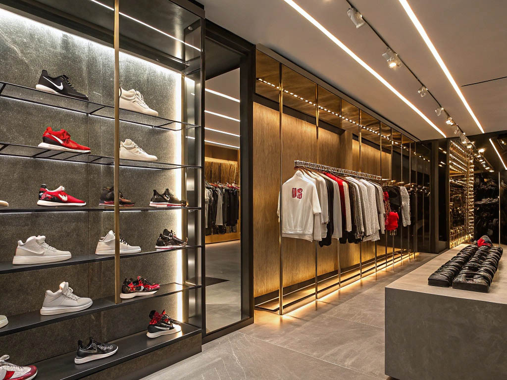 Modern sneaker and clothing store with illuminated displays.