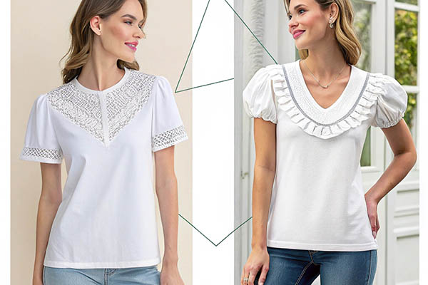 Two women wearing elegant white blouses with lace and ruffle details, featuring short sleeves and intricate neckline designs.