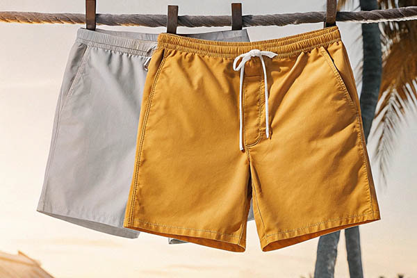 Yellow and gray shorts hanging on a rope with a beach background.