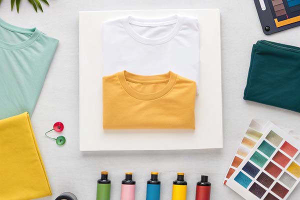 White and yellow T-shirts on a white board, surrounded by fabric swatches, paint bottles, and color samples.