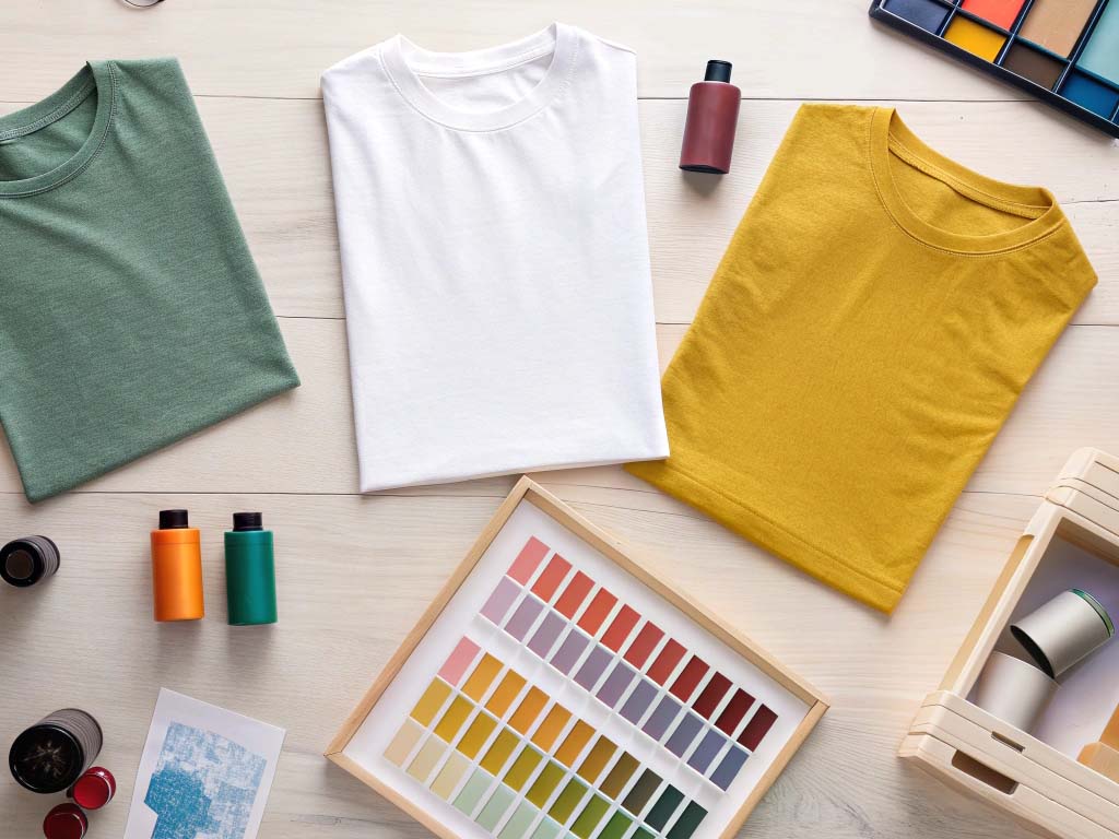 Green, white, and yellow T-shirts with fabric swatches, paint bottles, and color palettes on a wooden table.