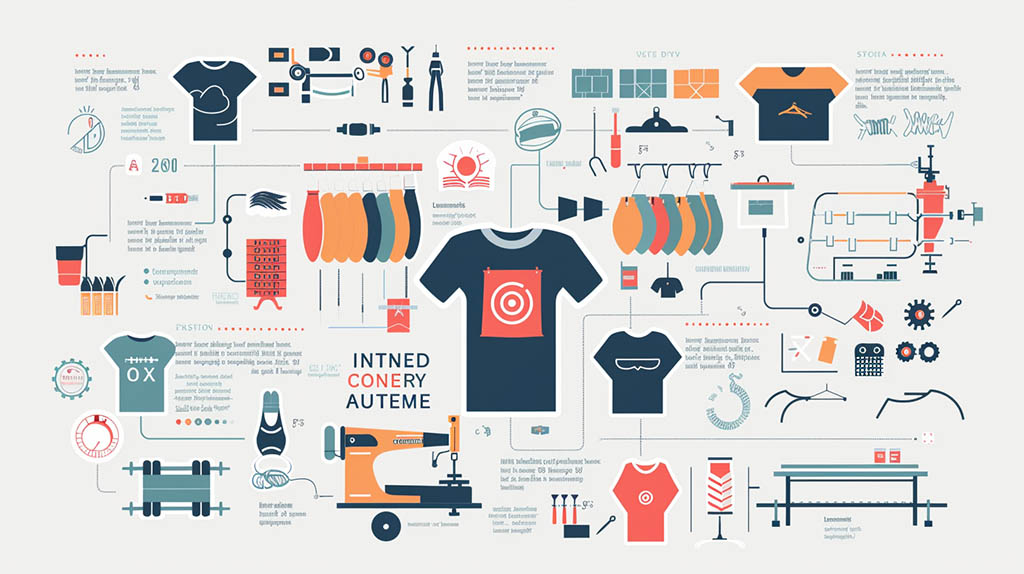 A detailed infographic illustrating the t-shirt manufacturing process, including fabric selection, sewing, dyeing, and quality control.