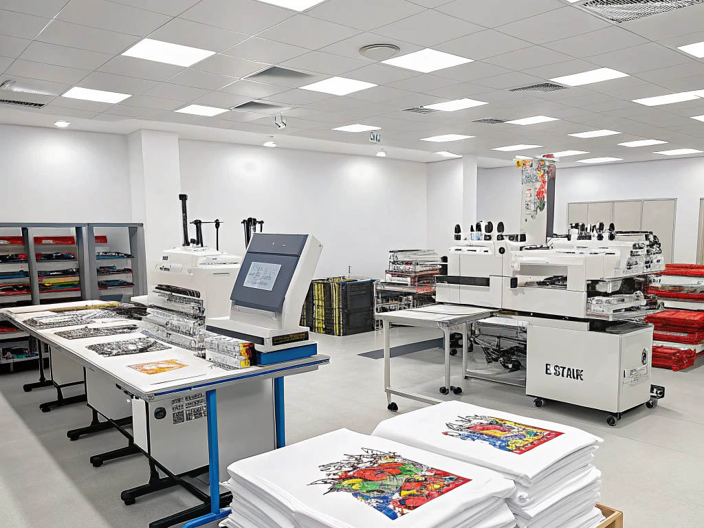 A modern T-shirt printing factory with advanced printing machines, worktables, and colorful printed designs on white shirts.
