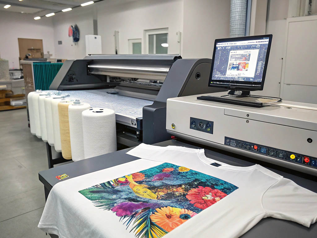 A vibrant floral design is being printed on a white T-shirt with a large digital printing machine and a monitor displaying the design.