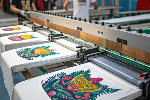 A series of T-shirts with colorful fruit and tropical designs moving along a printing conveyor belt, with workers in the background.