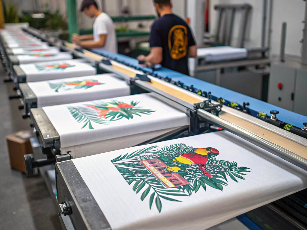 A production line of T-shirts with vibrant parrot designs being printed, with workers in the background.