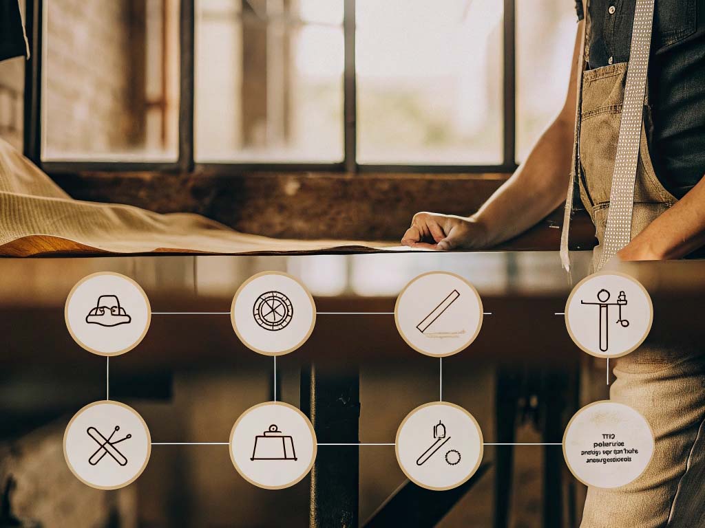 Tailor working with fabric, overlaid with icons representing different stages of garment making.