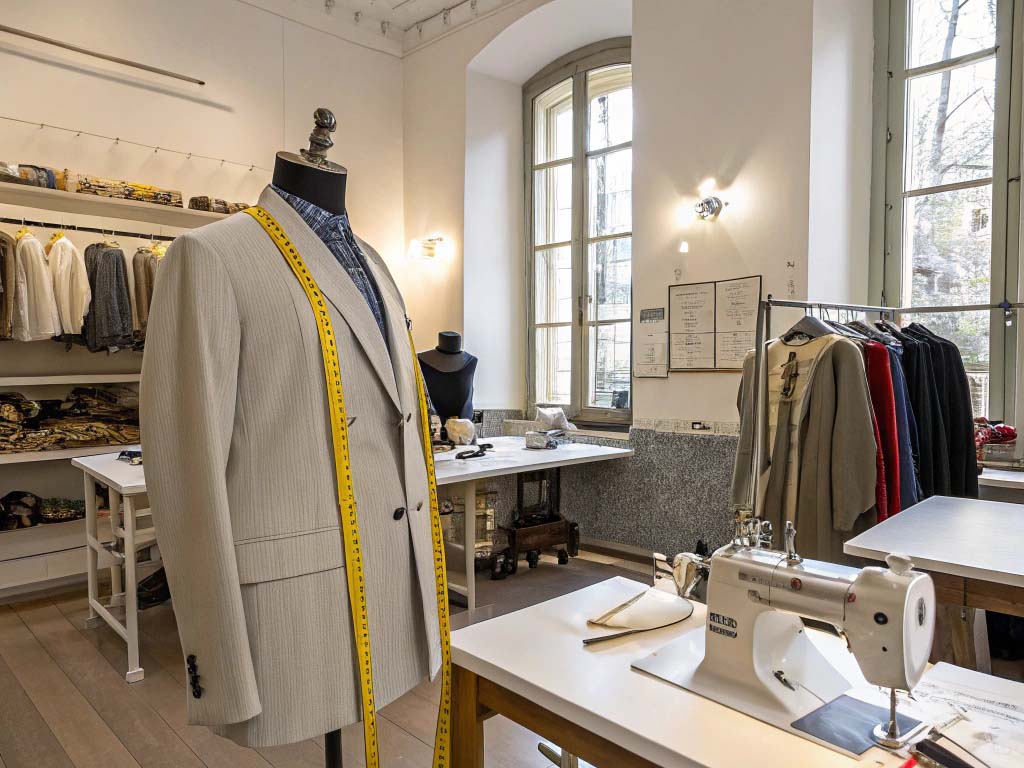 A tailor's workshop featuring a mannequin with a suit, a measuring tape, a sewing machine, and racks of garments.
