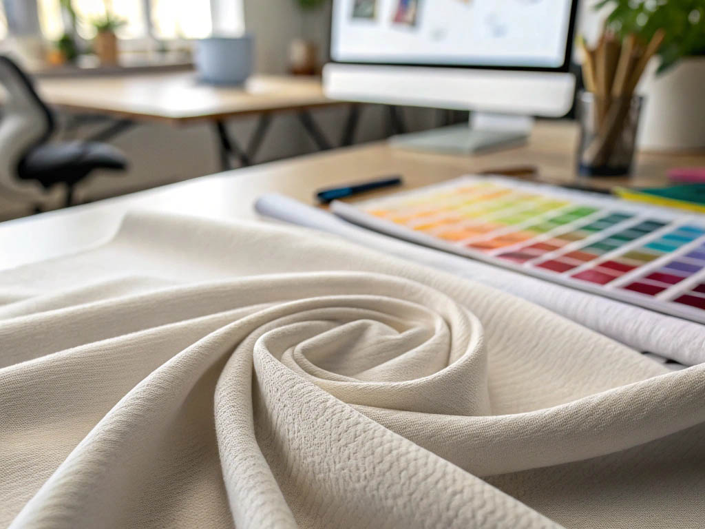 White fabric and color palette on designer's desk.