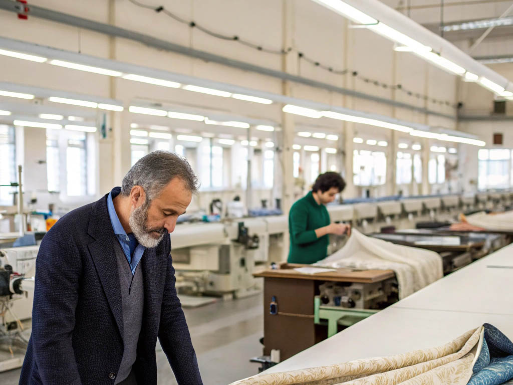 Workers inspecting fabric in a large textile manufacturing facility.
