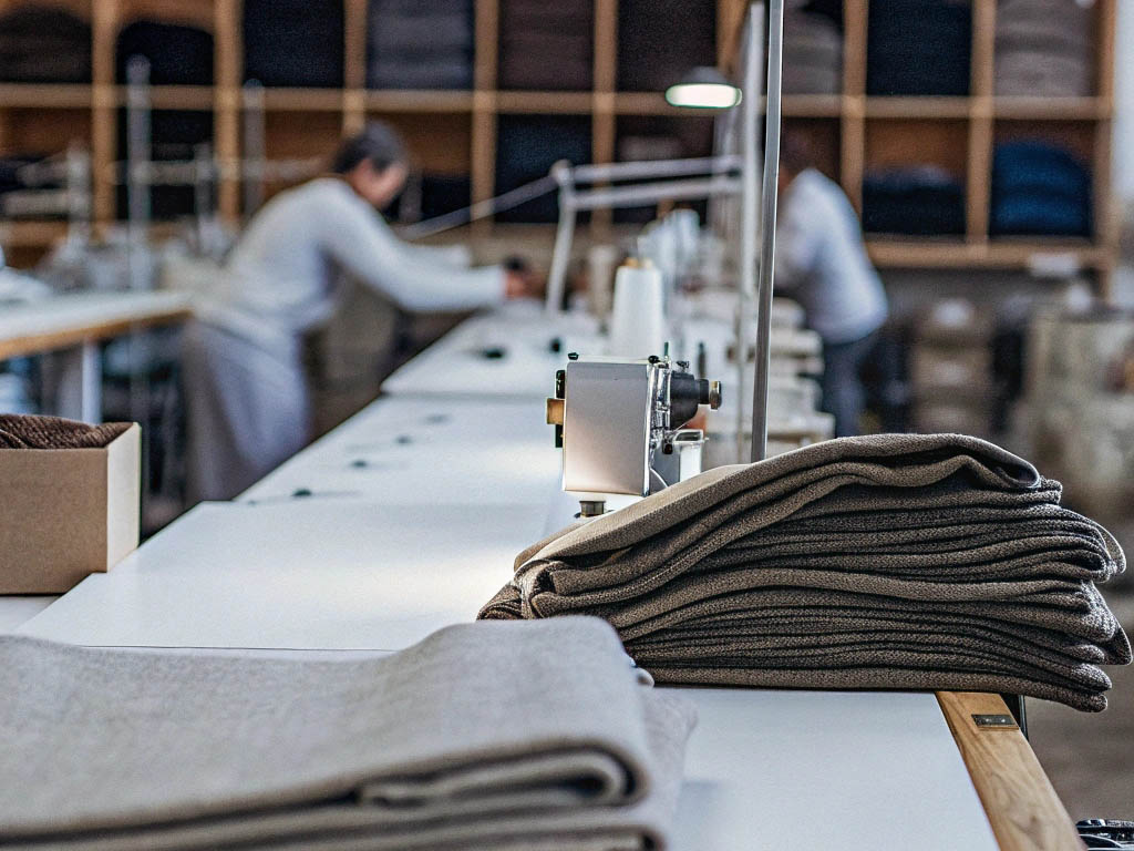 Sewing machines and folded fabrics in a textile factory with workers in the background.