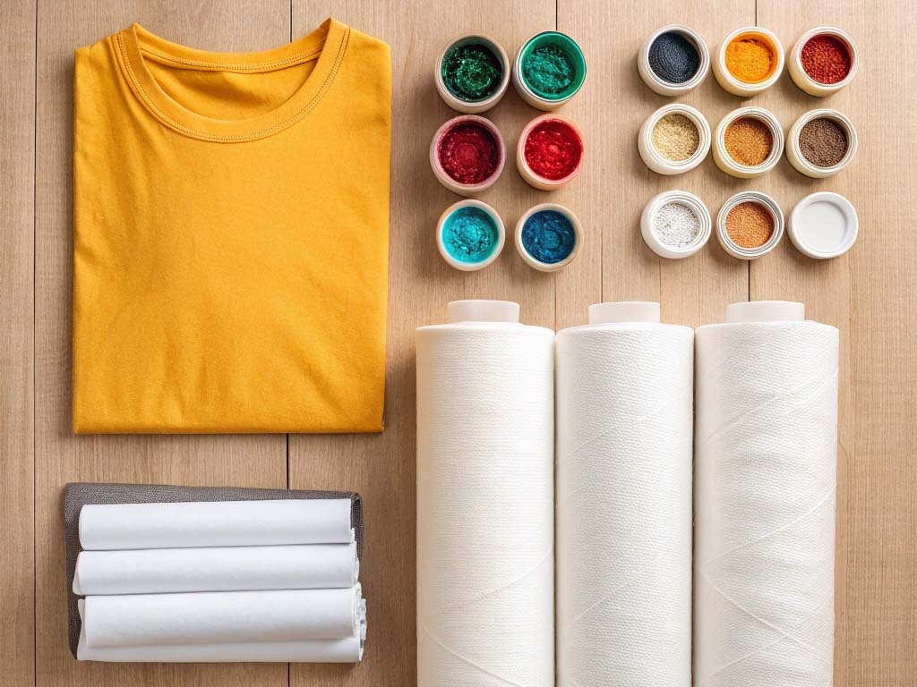 Yellow t-shirt, white fabric rolls, and colorful dye pigments arranged on a wooden surface.