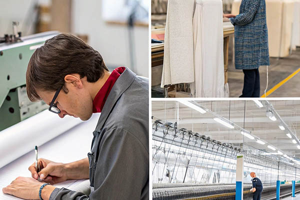 Collage of textile workers, fabric inspection, and machinery in a garment manufacturing facility.