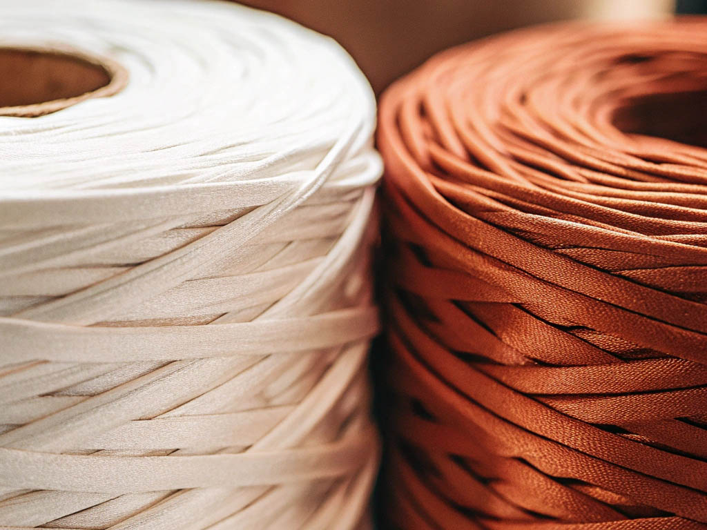 Close-up of two large rolls of textile ribbon, one in cream and the other in rust color, neatly wound.