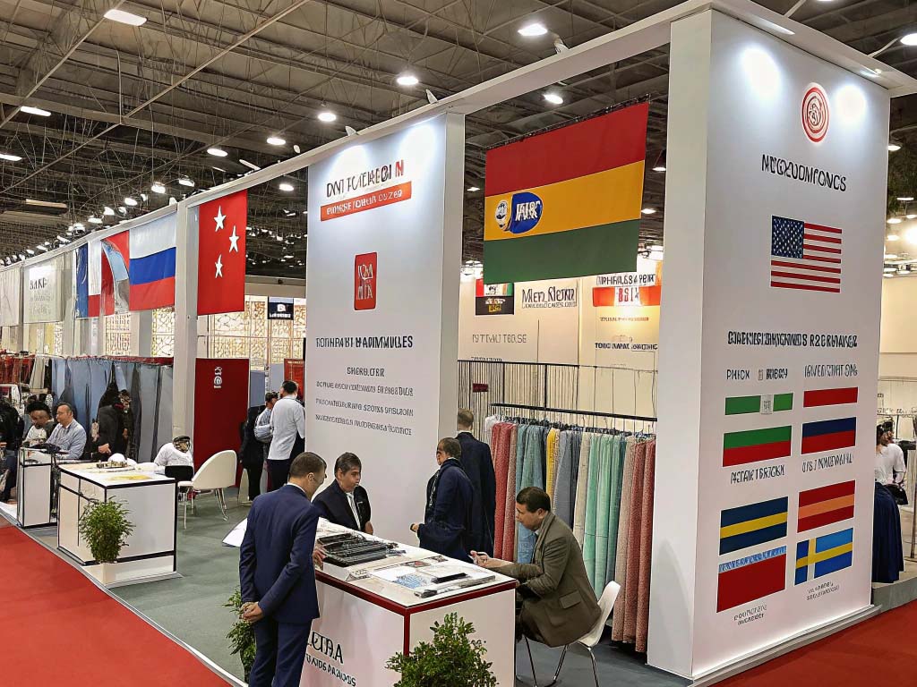 International textile exhibition with fabric displays, business meetings, and country flags.
