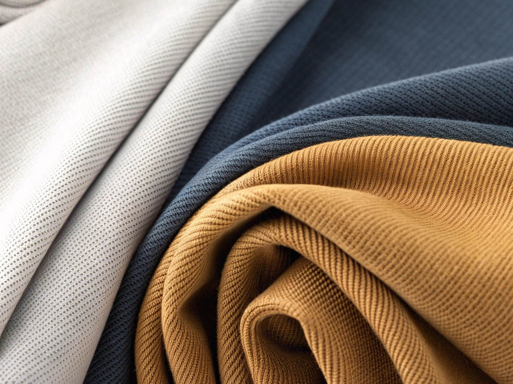 Three textured fabrics in beige, gray, and mustard yellow, folded to highlight the weave patterns.