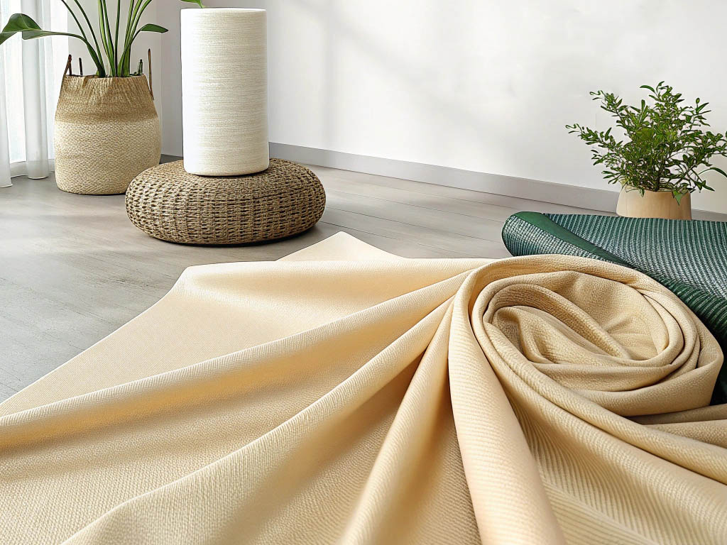 Beige and green textured fabric rolls displayed in a modern interior.