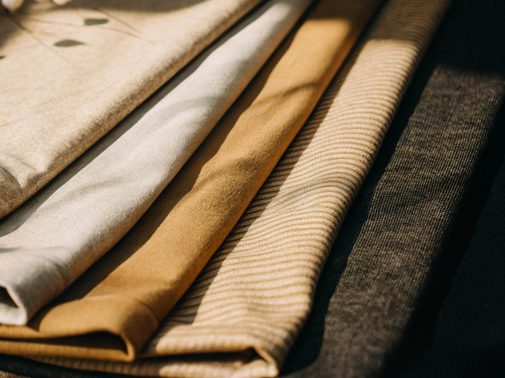 Folded fabrics in beige, gold, and dark brown with different textures and patterns in sunlight.