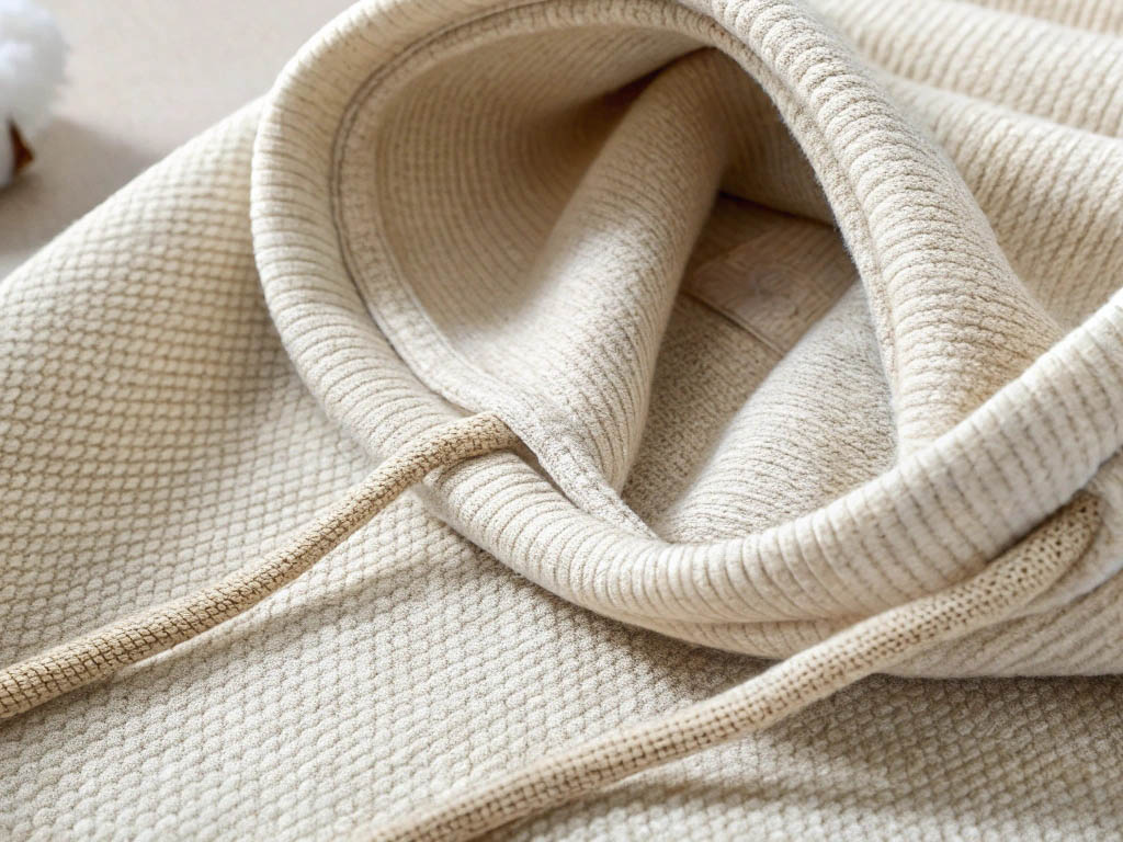 Beige hoodie with ribbed texture and drawstrings, made from soft, breathable fabric.