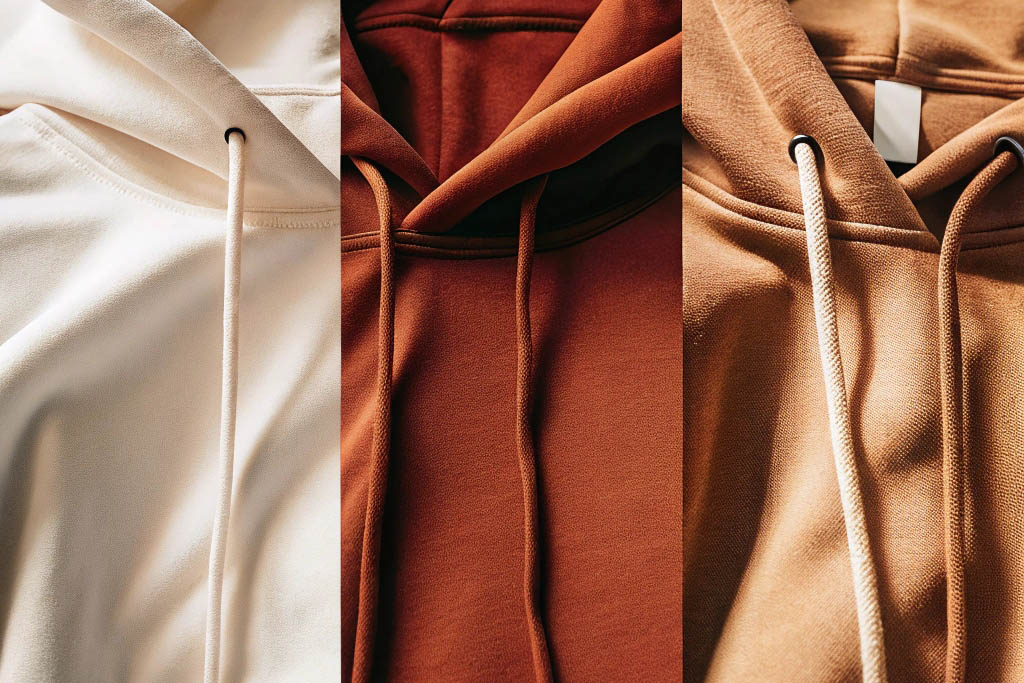 A close-up of three hoodies in cream, rust, and camel colors, highlighting fabric texture and drawstrings.