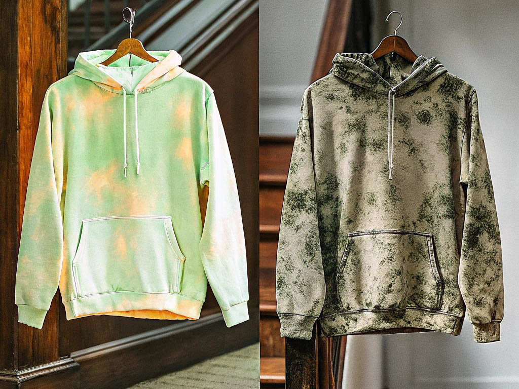 Side-by-side comparison of a pastel tie-dye hoodie and a distressed, aged-effect hoodie on hangers.